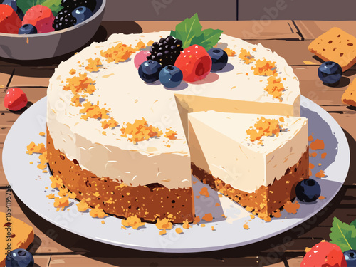 A no-bake cheesecake with a golden, crumbly biscuit crust made from speculoos, topped with a smooth, creamy layer of whipped cream and cream cheese 