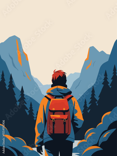 Adventure backpack illustration with mountains and rising sun