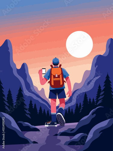 Adventure backpack illustration with mountains and rising sun