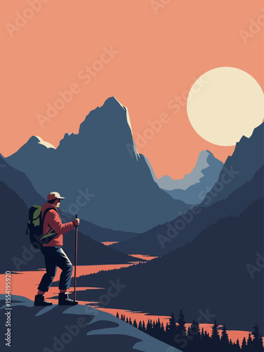 Adventure backpack illustration with mountains and rising sun
