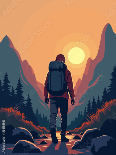 Adventure backpack illustration with mountains and rising sun