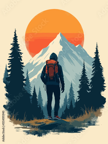 Adventure backpack illustration with mountains and rising sun