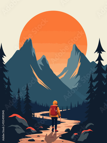 Adventure backpack illustration with mountains and rising sun