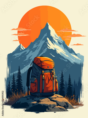 Adventure backpack illustration with mountains and rising sun
