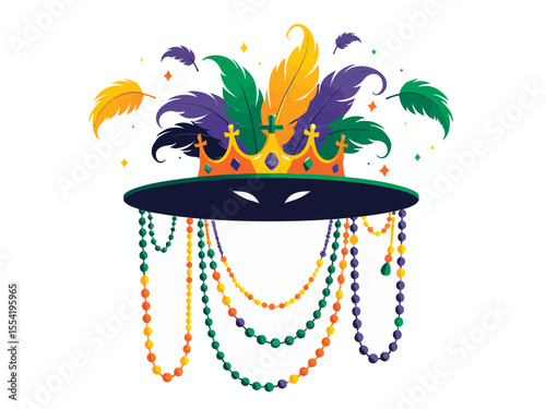 Colorful Mardi Gras symbols, crowns, mask, beads and feathers