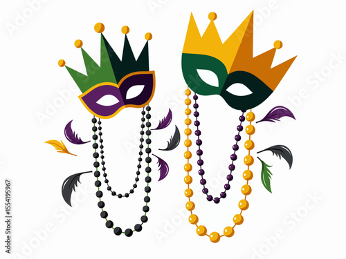 Colorful Mardi Gras symbols, crowns, mask, beads and feathers