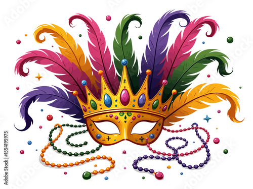 Colorful Mardi Gras symbols, crowns, mask, beads and feathers