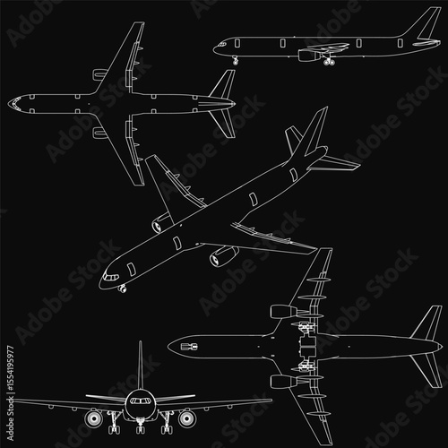 Airplane silhouettes outlined in white against a black background, showcasing a sleek and modern design. The crisp contrast highlights the distinct shapes of each aircraft