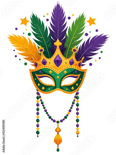 Colorful Mardi Gras symbols, crowns, mask, beads and feathers