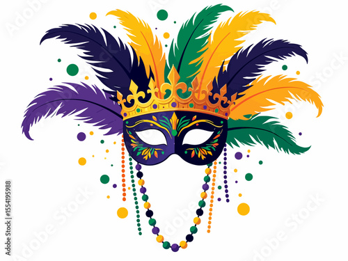 Colorful Mardi Gras symbols, crowns, mask, beads and feathers