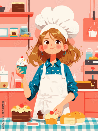 Female baker holding a cupcake, baking shop, cafe with cakes 