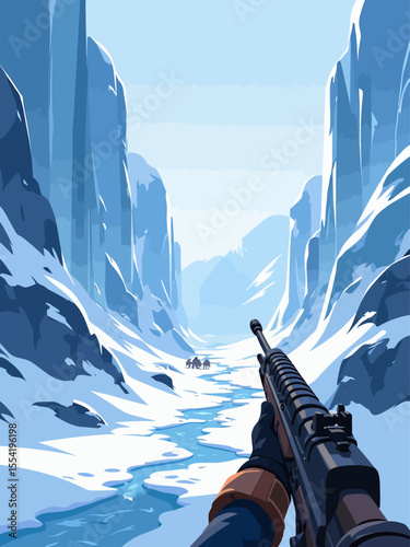 game set in ice moustains first person perspective screenshot from a realistic FPP 