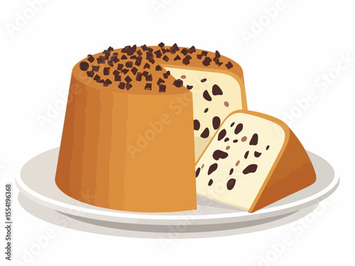 Italian stracciatella cake served on a white plate the cake is tall, golden on the outside, and sliced to reveal a soft, fluffy interior speckled with dark chocolate shavings