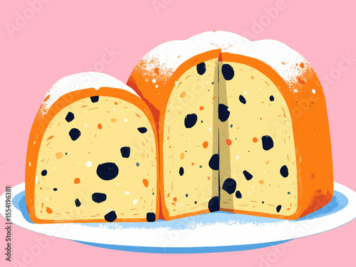 Italian stracciatella cake served on a white plate the cake is tall, golden on the outside, and sliced to reveal a soft, fluffy interior speckled with dark chocolate shavings