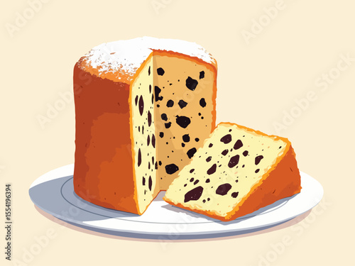 Italian stracciatella cake served on a white plate the cake is tall, golden on the outside, and sliced to reveal a soft, fluffy interior speckled with dark chocolate shavings