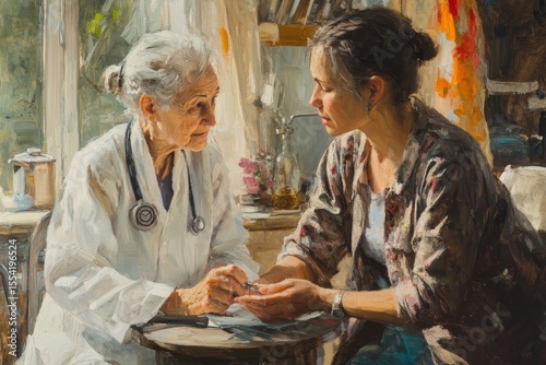 Senior care and medical service concept. Nurse measuring the pressure of an elderly woman at home, ensuring health monitoring for elderly care., Generative AI