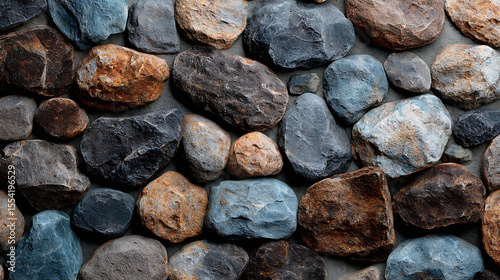 Natural Stones of Various Textures and Colors Arranged on a Wall Create an Artistic Backdrop in a Rustic Setting