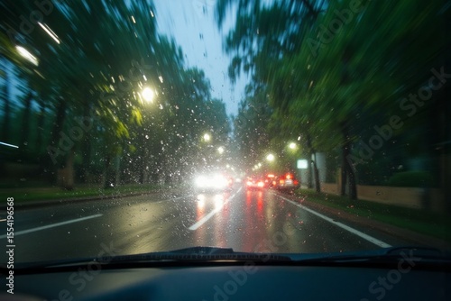 Rainy evening city street seen through a car window.