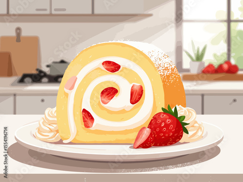 strawberry and whipped cream Swiss roll cake sliced and served on a white plate the sponge cake is golden