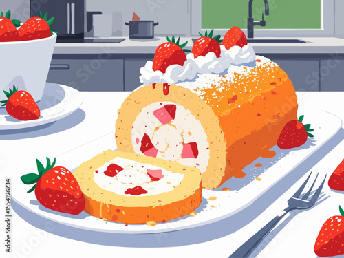 strawberry and whipped cream Swiss roll cake sliced and served on a white plate the sponge cake is golden