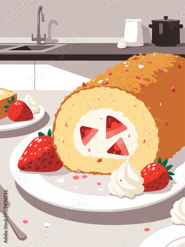 strawberry and whipped cream Swiss roll cake sliced and served on a white plate the sponge cake is golden