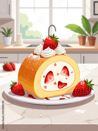 strawberry and whipped cream Swiss roll cake sliced and served on a white plate the sponge cake is golden