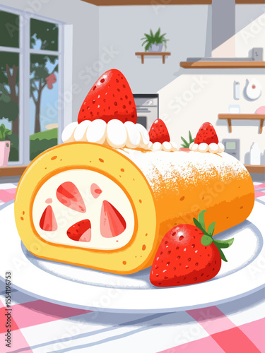strawberry and whipped cream Swiss roll cake sliced and served on a white plate the sponge cake is golden