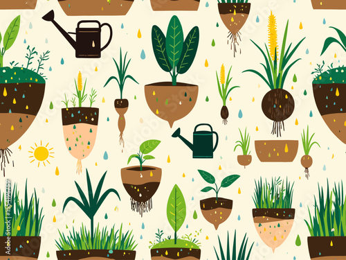 symbols of fertile land and agriculture, sprouting plants, seeds, leaves, farming tools, soil layers, watering cans, sun, rain, roots, green fields, maize, cassava, and rice plants