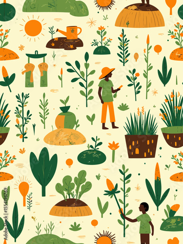 symbols of fertile land and agriculture, sprouting plants, seeds, leaves, farming tools, soil layers, watering cans, sun, rain, roots, green fields, maize, cassava, and rice plants