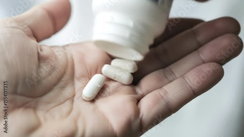 A closeup view shows a single white pill resting on a persons palm, with a partially visible pill bottle in the background, suggesting medical treatment or healthcare