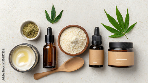 Variety of Herbal Products and Extracts Arranged on a Light Surface Showcasing Natural Wellness Ingredients
