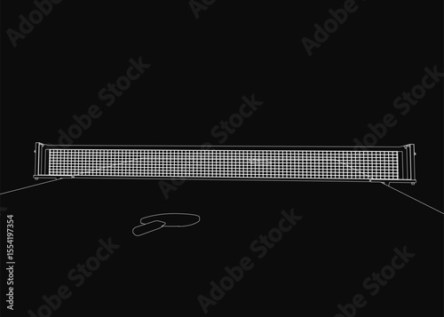A black and white table tennis net with a ball resting on top, set against a sleek black background. The illustration features clean lines, high contrast, and a minimalist aesthetic.