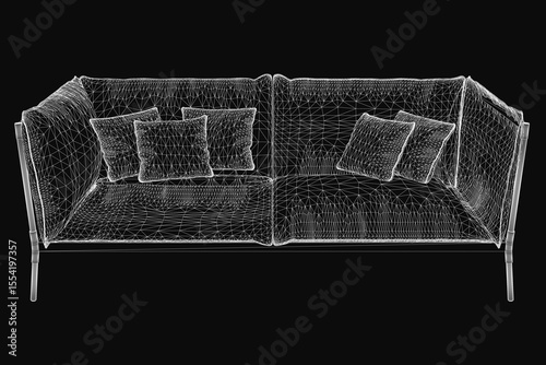 3D wireframe model of a contemporary sofa with plush cushions, showcasing clean lines and modern design. The transparent mesh structure highlights the geometric framework, while soft pillows