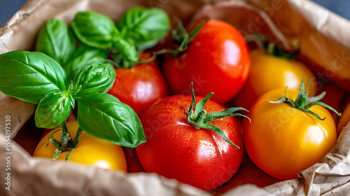 Fresh Tomatoes and Basil Gathered in a Basket Ready for Cooking in a Sunny Kitchen