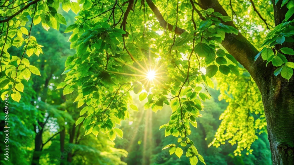 Fototapeta premium Dense foliage with sunlight filtering through leaves of trees in a green park