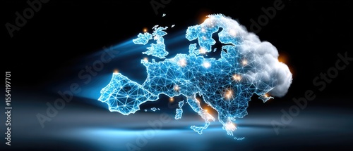economy profit founder concept. Abstract digital representation of Europe with a network design and cloud elements.