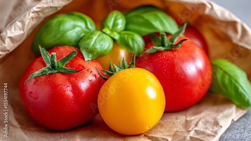 Freshly Harvested Tomatoes and Basil Create a Colorful Arrangement on a Rustic Surface