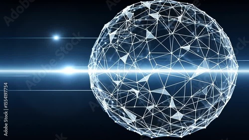 Abstract Plexus Sphere with Connecting Lines and Dots in Blue and White on a Dark Background for Technology and Global Communication
