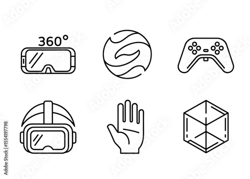 Outline icons depicting virtual reality headset controller hand and abstract shapes arranged neatly