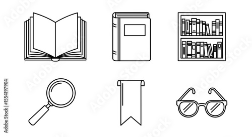 Collection of reading related items including books, glasses, bookmark, and a magnifying glass icon set