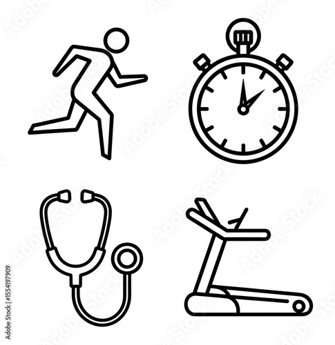 Line drawing depicting running figure, stopwatch, stethoscope, and treadmill equipment icons set up neatly