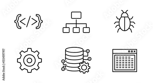Six software development icons depicting coding, database, bug, and process management tools shown