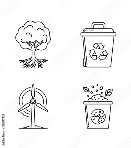 Four eco icons: tree, recycle bin, wind turbine, and compost bin arranged in a square formation view