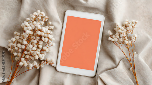 Modern Tablet Resting on Soft Fabric Surrounded by Delicate Flowers in a Serene and Minimalistic Setting