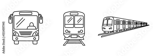 Outlined transportation vehicles showcasing a bus and two train illustrations in a row formation design