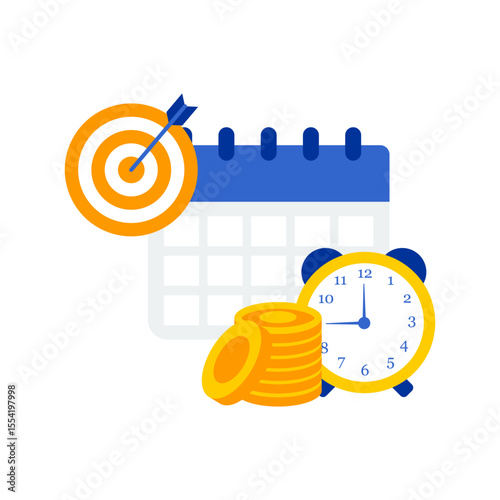 Orange Target with Blue Arrow, Blue Calendar, Yellow Alarm Clock, and Gold Coins for Timely Goals