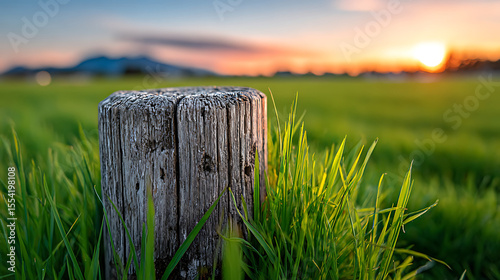 Sunset Over a Green Field Highlighting a Weathered Wooden Post Surrounded by Tall Grass