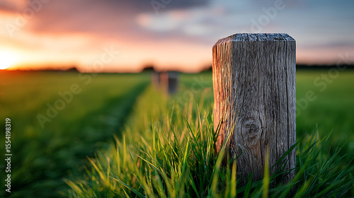 Wooden Post Standing in Green Grass at Sunset Near a Rural Field
