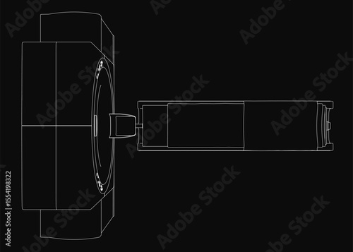 Black and white drawing of a linear actuator with a metal body, ridges, and grooves. Features a rectangular shape, side handle, and top spindle connected to a shaft.