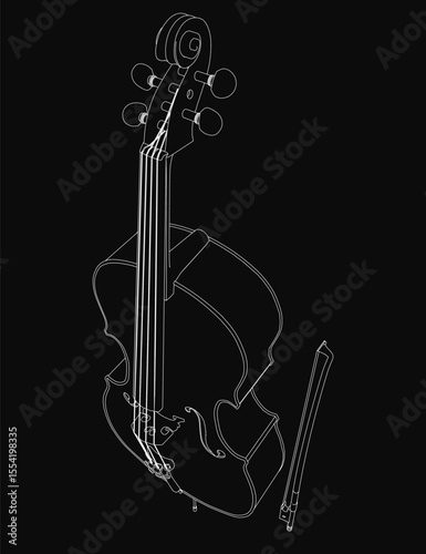 A black and white line art drawing of a cello with detailed strings and bow, isolated on a dark background. The elegant instrument features clean contours and precise shading, emphasizing its classic.